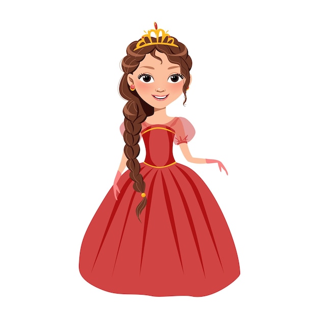 Personagem de fayritale princesinha de vestido vermelho com tiara dourada ilustração de desenho animado bonito