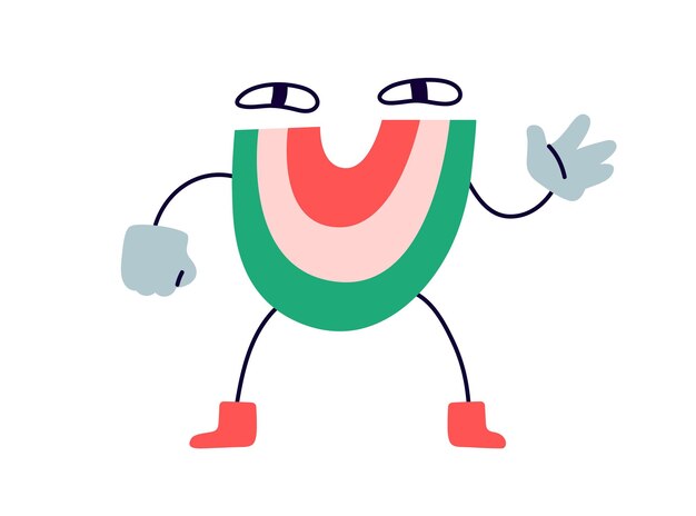 Vetor personagem de ficção cômica engraçada cute feliz sorridente arco-íris saudação acenando com a mão criativa criatura engraçada criativa crianças ilustração vetorial gráfica plana de desenho animado isolada em fundo branco