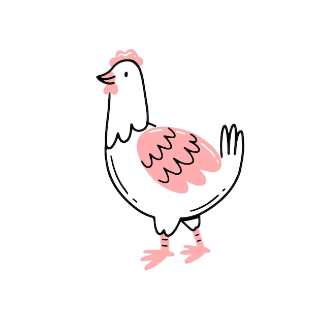 Personagem de frango bonito no estilo doodle linear desenho à mão ilustração vetorial isolado animal de fazenda