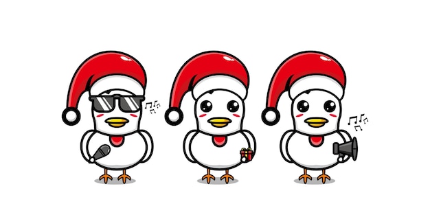 Personagem de frango fofa e engraçada comemorando o natal personagem de desenho animado kawaii de linha plana de vetor