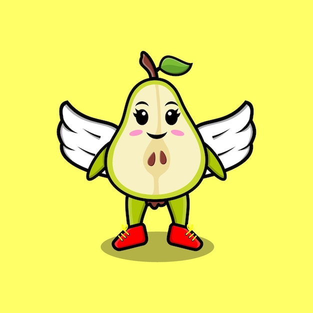 Personagem de fruta de pera de desenho bonito usando asas em design de estilo moderno