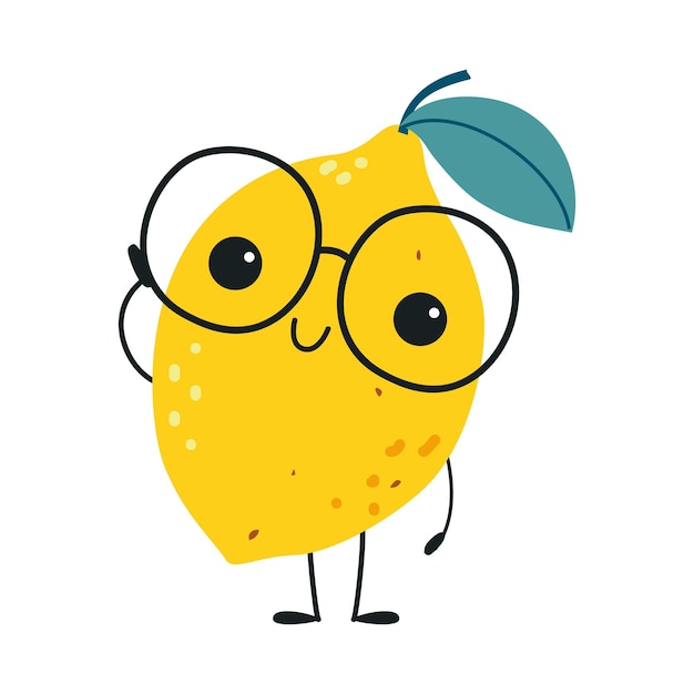 Personagem de fruto de limão amarelo engraçado com rosto sorridente e braço usando óculos Ilustração vetorial