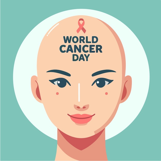 Personagem de garota careca vetorial com texto do Dia Mundial do Câncer em um estilo de design plano simples
