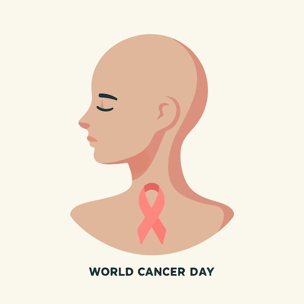 Personagem de garota careca vetorial com texto do Dia Mundial do Câncer em um estilo de design plano simples