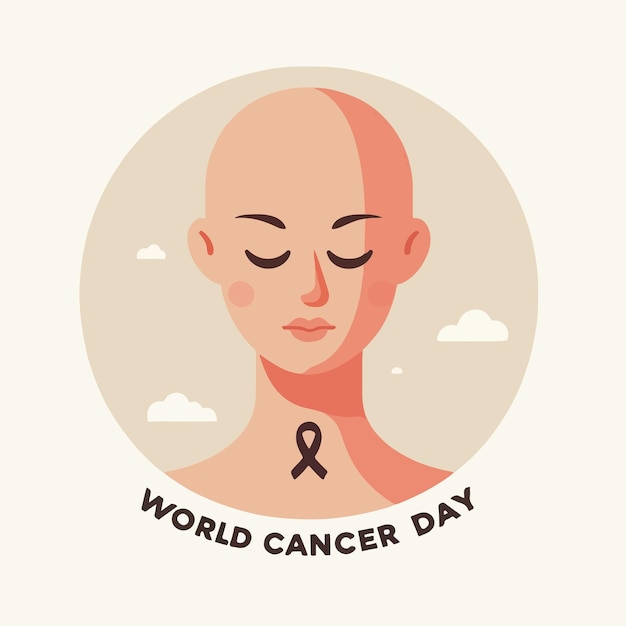 Personagem de garota careca vetorial com texto do Dia Mundial do Câncer em um estilo de design plano simples