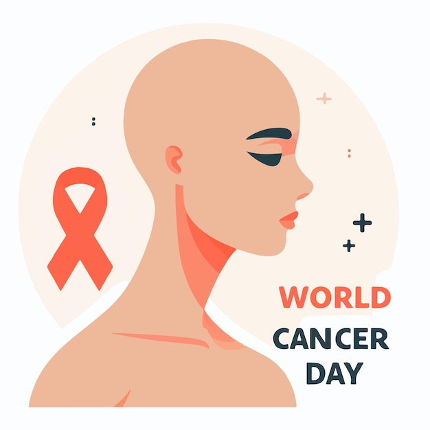Personagem de garota careca vetorial com texto do Dia Mundial do Câncer em um estilo de design plano simples