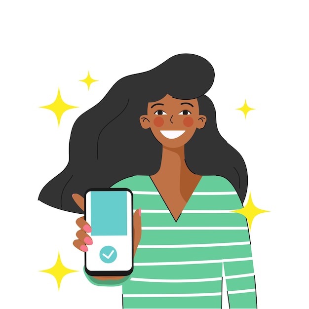 Personagem de garota feliz mostra smartphone. tecnologia, propaganda. ilustração plana