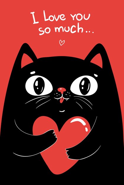 Gatinho Gato Preto Gatinho Em Pé E Segurando O Coração Rosa Grande. Feliz  Dia Dos Namorados. Cartoon Bonito Kawaii Personagem Animal Engraçado.  Design Plano. Cartão De Amor. Fundo Branco. Isolado. Ilustração Vetorial