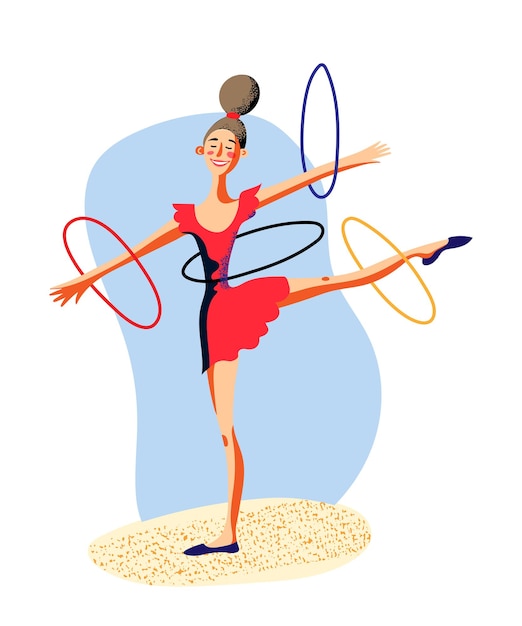 Vetor personagem de ginástica rítmica de desenho animado com aros isolados no branco circo mostra desempenho