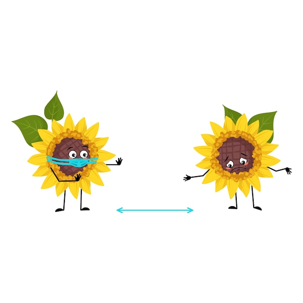 Personagem de girassol com rosto em máscara médica mantenha distância de braços e pernas planta pessoa com expressão de cuidado emoticon de flor de sol amarelo ilustração plana vetorial