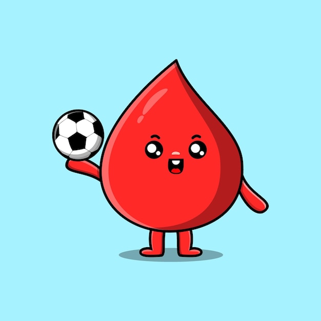 Personagem de gota de sangue de desenho animado bonito jogando futebol no conceito de ilustração de estilo de desenho animado plano