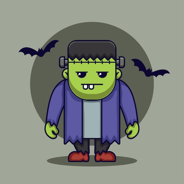 Personagem de halloween bonito frankenstein com morcego