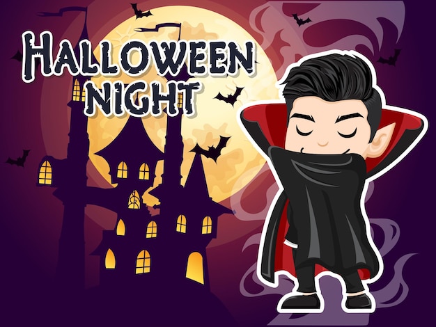 Personagem de halloween de desenho animado vampiro com ilustração vetorial de efeitos de texto de noite de halloween