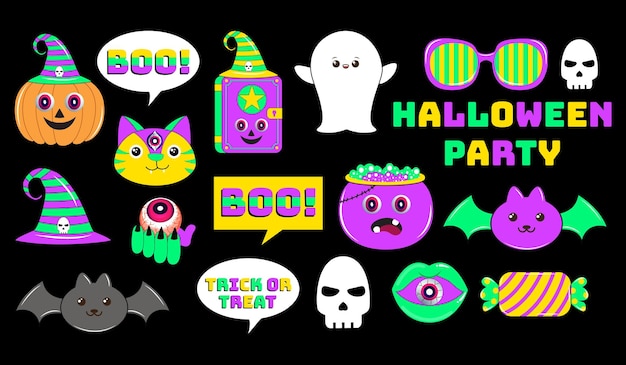 Personagem de halloween definido em estilo de quadrinhos de desenho animado e conjunto de patches de halloween. conjunto de adesivos de halloween.
