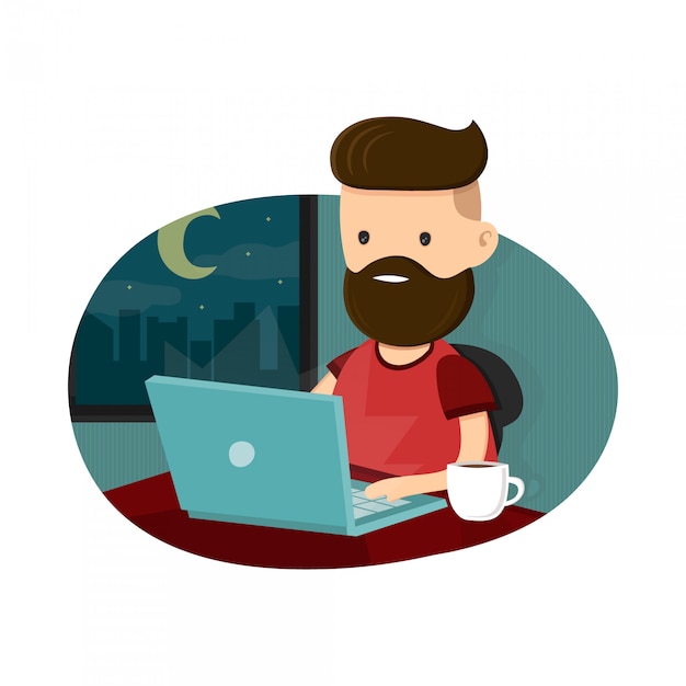 Vetor personagem de hipster jovens sentado em um laptop e fazendo hora extra tarde da noite. trabalho freelance. ilustração plana. isolado no branco