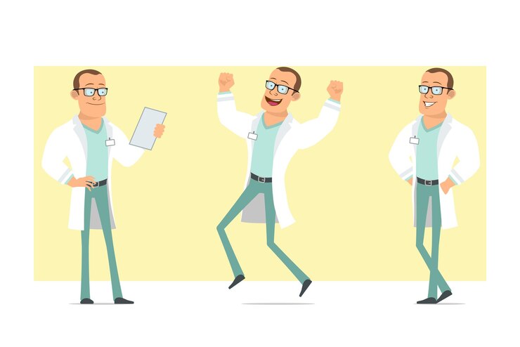 Vetor personagem de homem liso engraçado médico forte dos desenhos animados de uniforme branco e óculos. menino pulando, posando e lendo o documento. pronto para animação. isolado em fundo amarelo. conjunto.