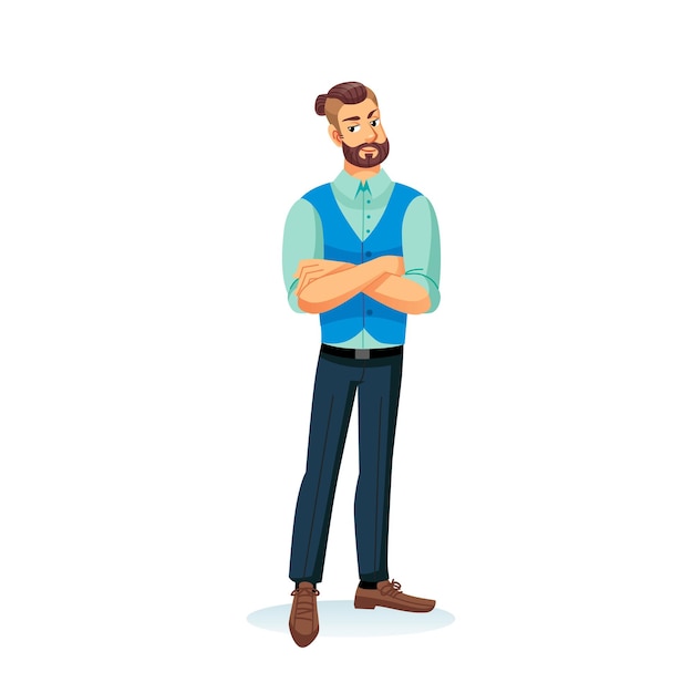 Personagem de homem moderno plana de desenho vetorial, empresário em traje elegante, isolado em uma coleção moderna de fundo vazio e conceito de estilo de vida de moda empresarial, design de banner de site da web