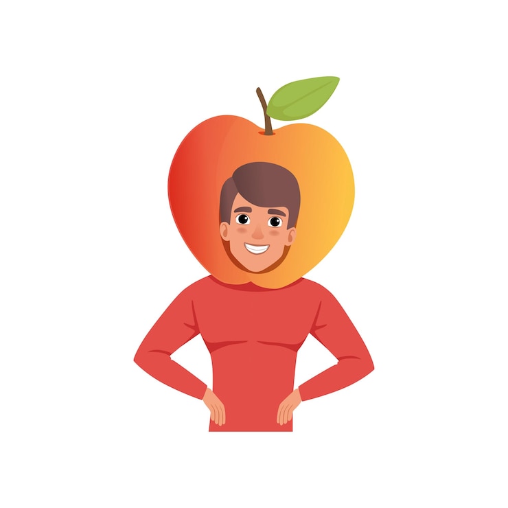 Vetor personagem de homem sorridente em ilustração vetorial de headwear de frutas de maçã em um fundo branco