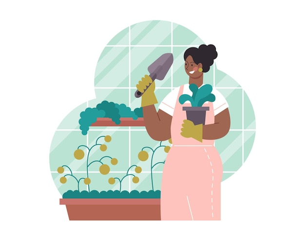 Vetor personagem de jardinagem e plantio cuidando de flores de plantas