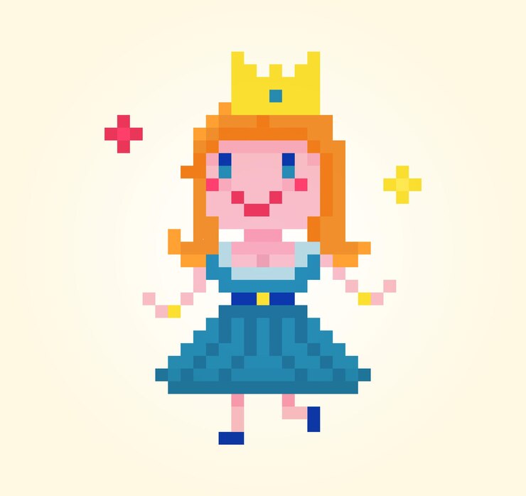 Vetor personagem de jogo de pixel art feliz princesa mágica na coroa e vestido azul