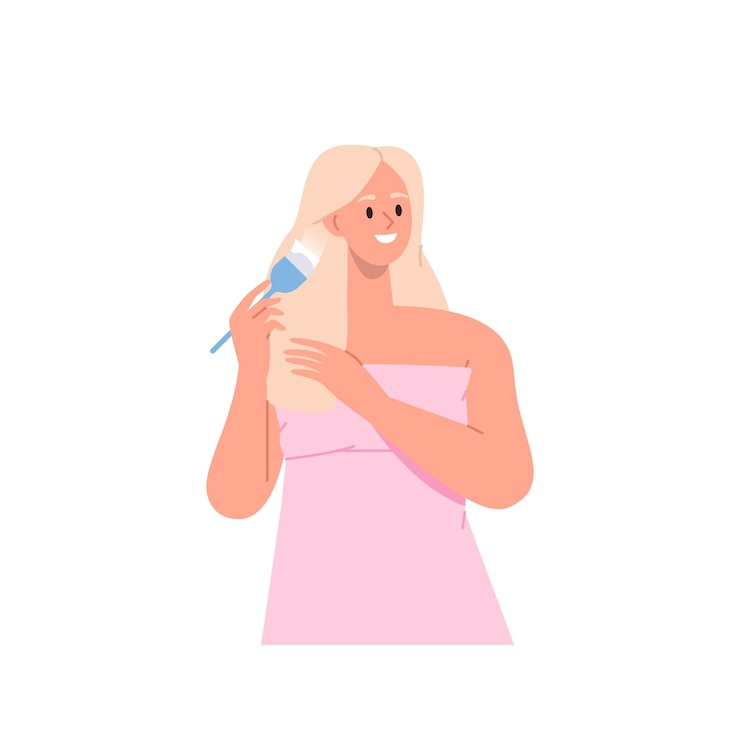 Vetor personagem de jovem bonita colorindo tingindo o cabelo em casa em pé isolado no fundo branco