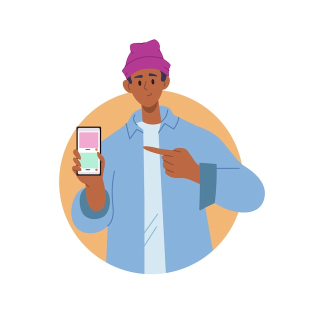 Personagem de jovem hipster sorridente feliz segurando o telefone móvel apontando o dedo na tela