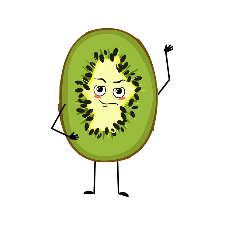 Vetor personagem de kiwi fofa com emoções, rosto, braços e pernas. o herói engraçado ou orgulhoso, dominador, doce e exótica fruta tropical com olhos