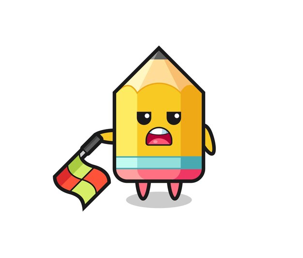 Personagem de lápis como juiz de linha segure a bandeira em um ângulo de 45 graus