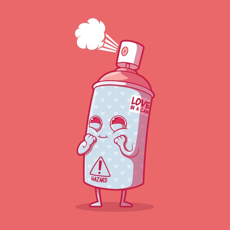 Vetor personagem de lata bonito pulverizando ilustração vetorial de amor conceito de design de emoção de amor engraçado
