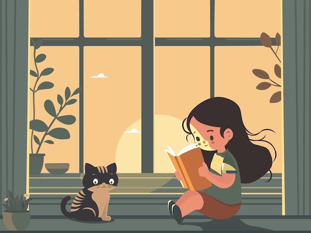 Personagem de linda garota lendo um livro perto de gato sentado e vaso de planta no fundo da janela de sol