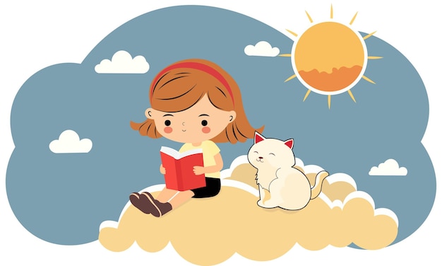 Personagem de linda garota lendo um livro perto de gato sentado nuvens no sol fundo azul e branco