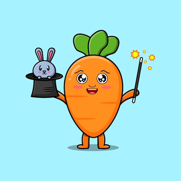 Personagem de mágico de cenoura bonito dos desenhos animados com personagem de coelho saindo do chapéu mágico