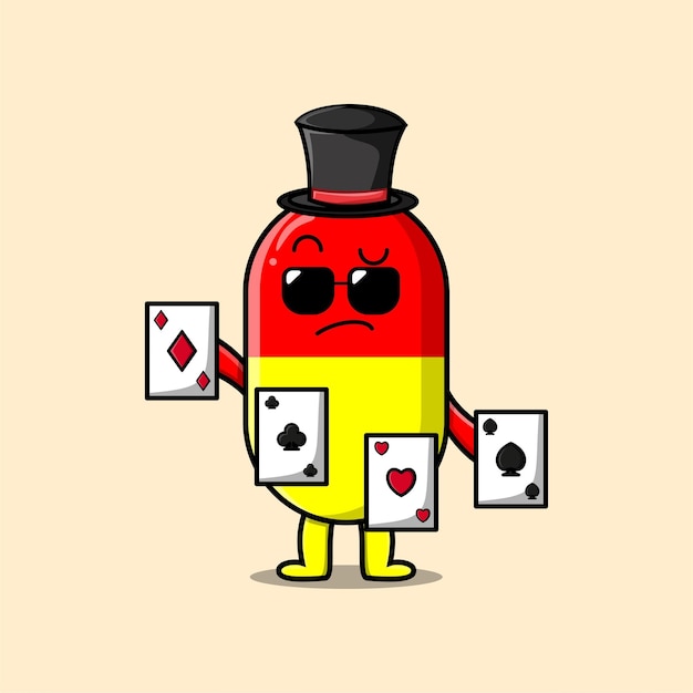 Personagem de mágico de medicina de cápsula de desenho bonito jogando cartas mágicas em ilustração de estilo de desenho animado plano