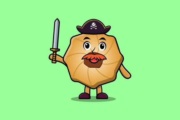 Personagem de mascote bonito dos desenhos animados cookies pirata com chapéu e segurando a espada em design moderno