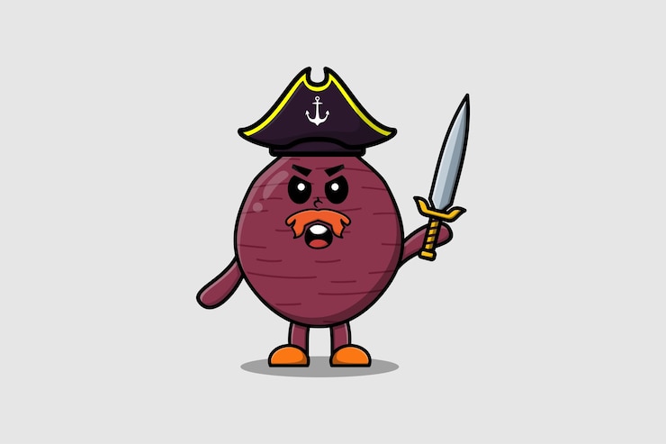 Vetor personagem de mascote bonito dos desenhos animados pirata de batata-doce com chapéu e segurando a espada em design moderno