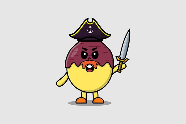 Personagem de mascote bonito dos desenhos animados pirata de batata-doce com chapéu e segurando a espada em design moderno