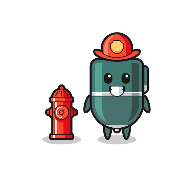 Personagem de mascote da caneta esferográfica como bombeiro, design fofo
