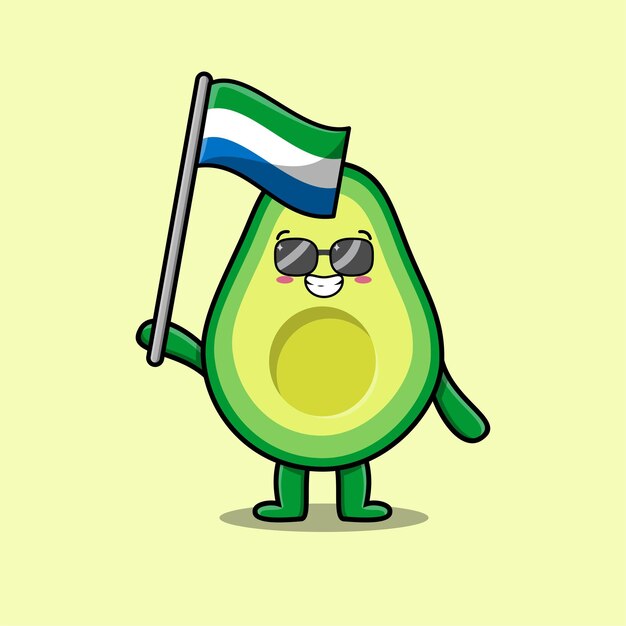 Vetor personagem de mascote de abacate bonito dos desenhos animados com bandeira do país de serra leoa em design moderno