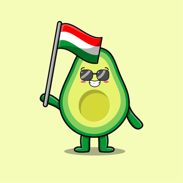 Personagem de mascote de abacate bonito dos desenhos animados com bandeira do país hungria em design moderno