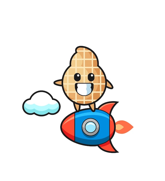 Personagem de mascote de amendoim montando um foguete