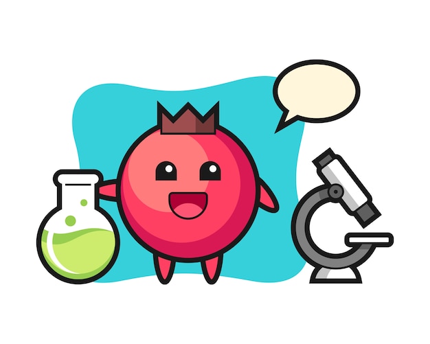 Personagem de mascote de cranberry como um cientista, estilo fofo, adesivo, elemento de logotipo