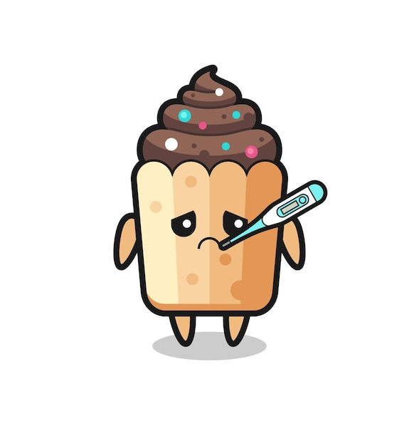 Personagem de mascote de cupcake com design bonito de condição de febre