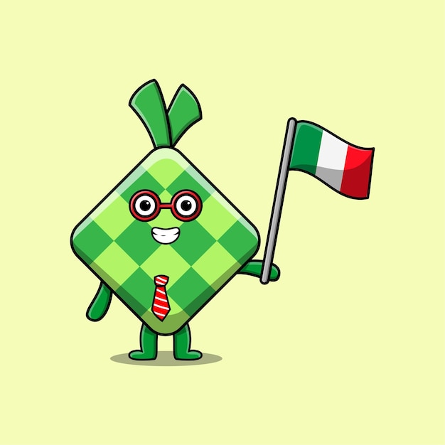 Personagem de mascote de desenho animado bonito ketupat com bandeira do país itália em design moderno