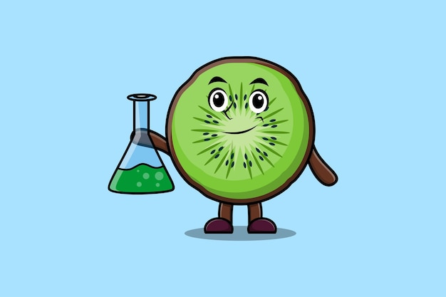 Personagem de mascote de desenho animado bonito kiwi fruit como cientista com vidro de reação química