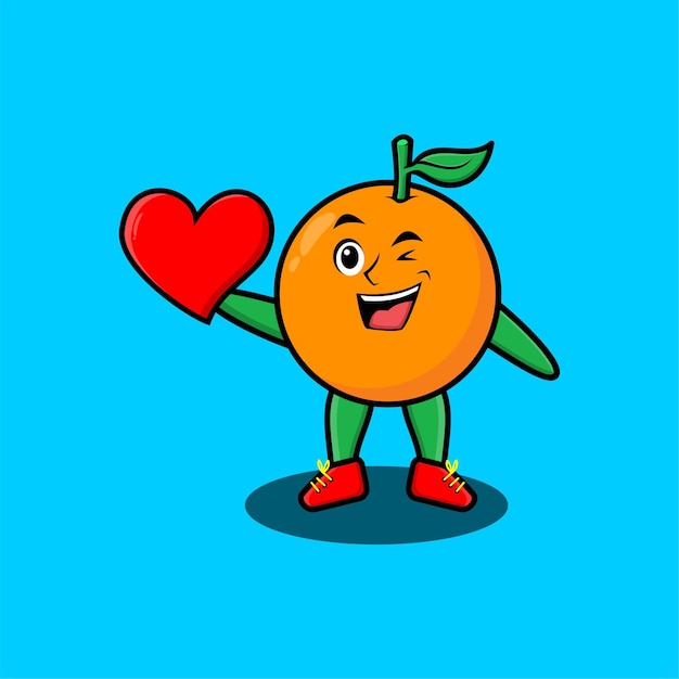 Personagem de mascote de desenho animado bonito mascote laranja segurando grande coração vermelho em design de estilo moderno