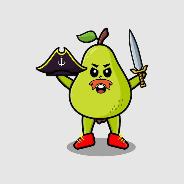 Personagem de mascote de desenho animado bonito pirata de frutas de pêra com chapéu e espada segurando em design moderno