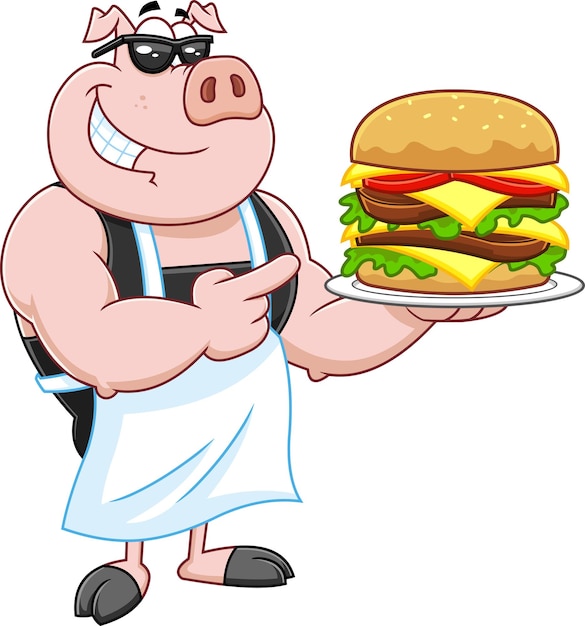 Vetor personagem de mascote de desenho animado chef porco apontando para um hambúrguer duplo ou cheeseburger a sorrir