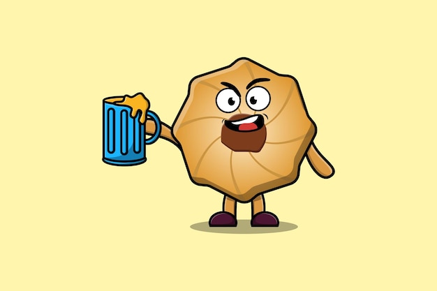 Personagem de mascote de desenho animado cute cookies com copo de cerveja e ilustração plana de design bonito e elegante