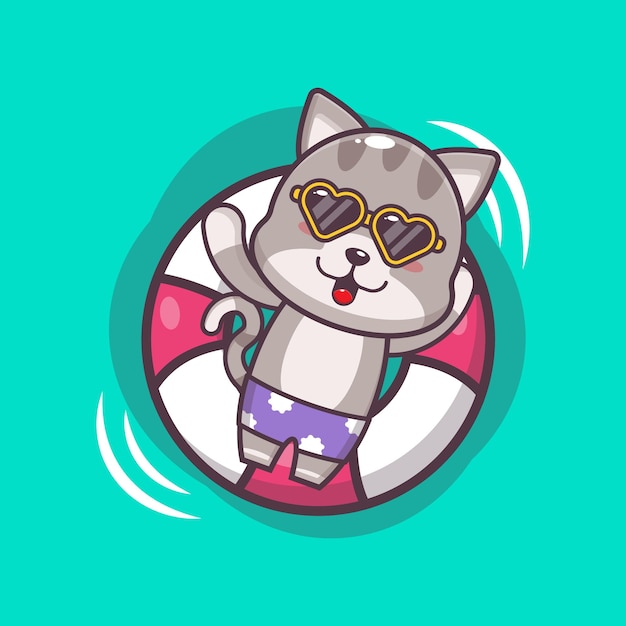 Personagem de mascote de desenho animado de gato bonito nadando na piscina