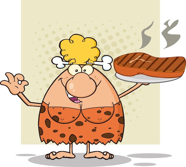 Personagem de mascote de desenho animado de mulher loira da caverna segurando um prato com bife grande grelhado
